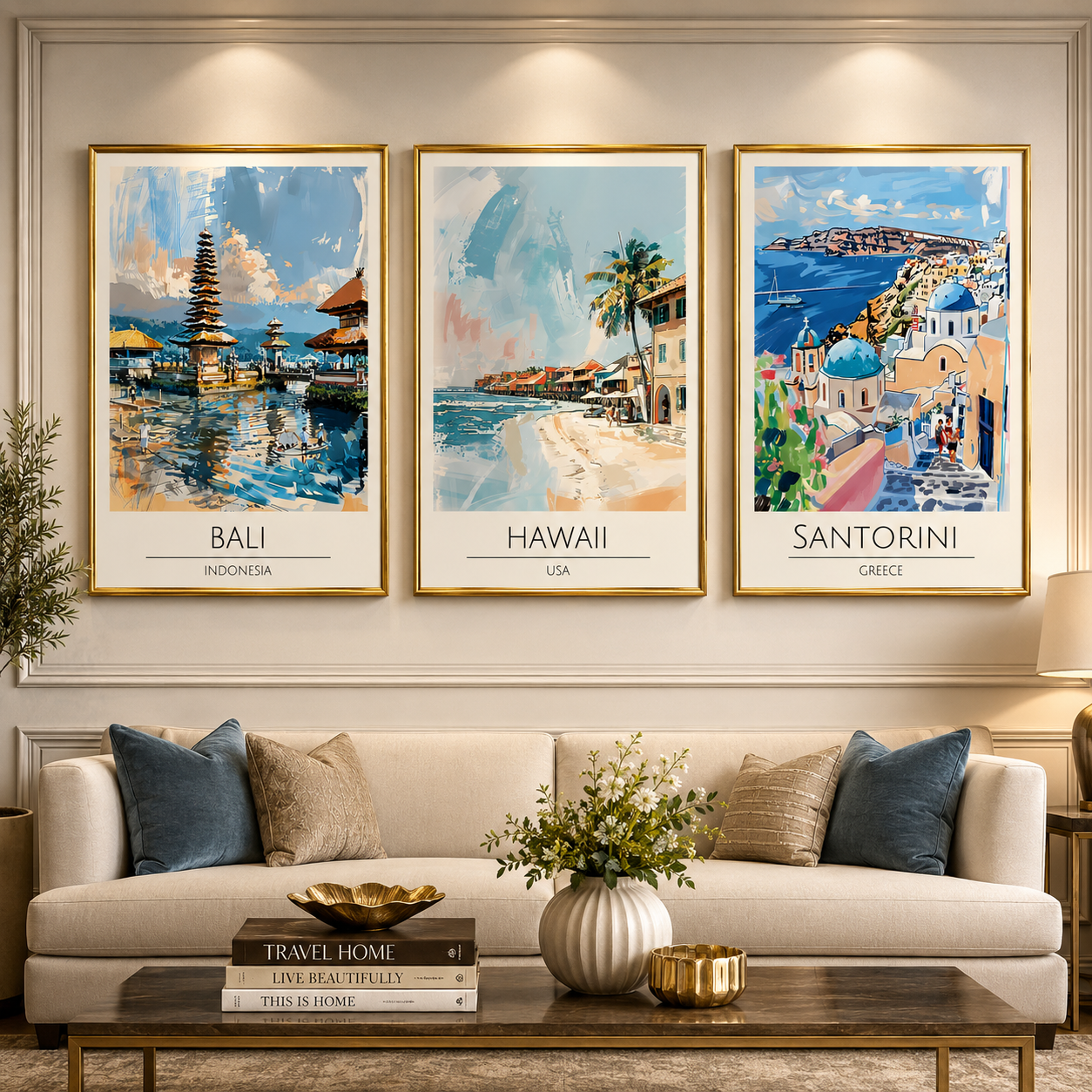 Bali Hawaii Santorini Coastal Wall Art Canvas Painting Set of 3