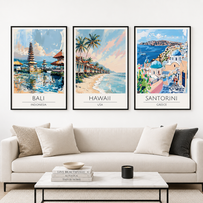 Bali Hawaii Santorini Coastal Wall Art Canvas Painting Set of 3