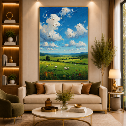 Countryside Meadow Canvas Wall Art with Blue Sky Landscape